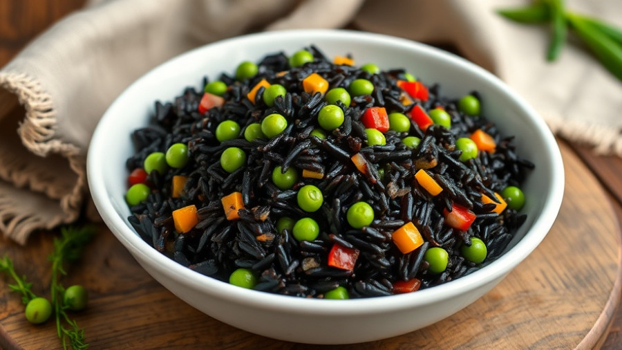 Vibrant black rice and peas recipe in white bowl, colorful vegetables.