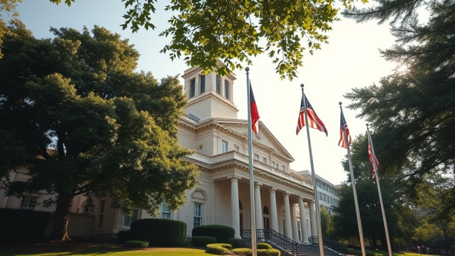 Texas courthouse with flags, serene setting under bright sky.
