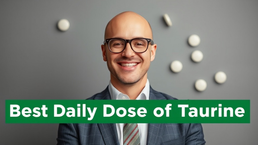 Confident man in suit with 'Best Daily Dose of Taurine' text and tablets.