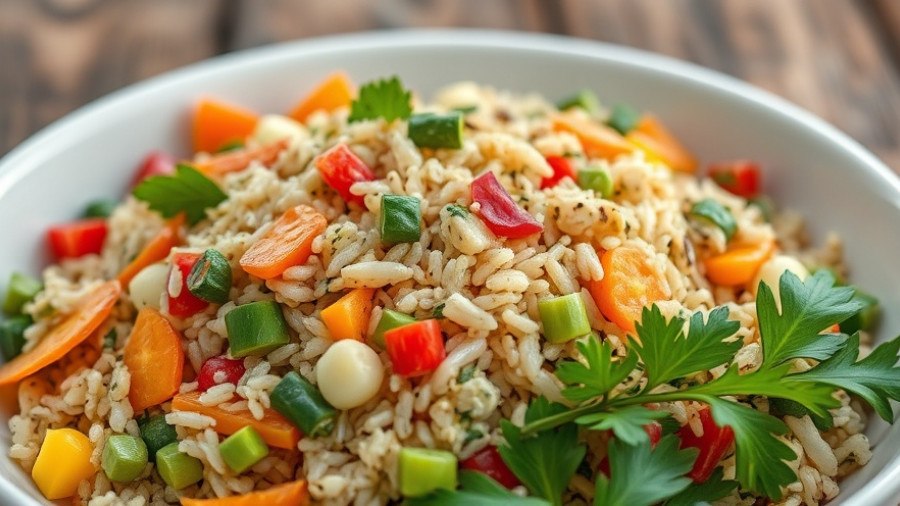 Colorful vegetable and wild rice salad promoting health and wellness.