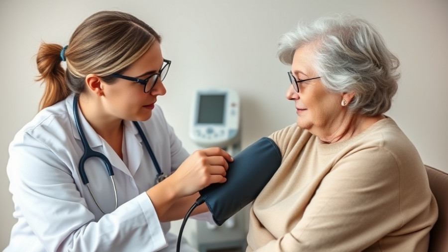 Healthcare professional checks blood pressure of older woman, rapid blood pressure fluctuations context.