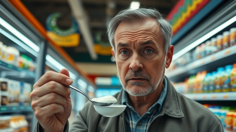 Concerned man in grocery aisle questions yogurt quality.
