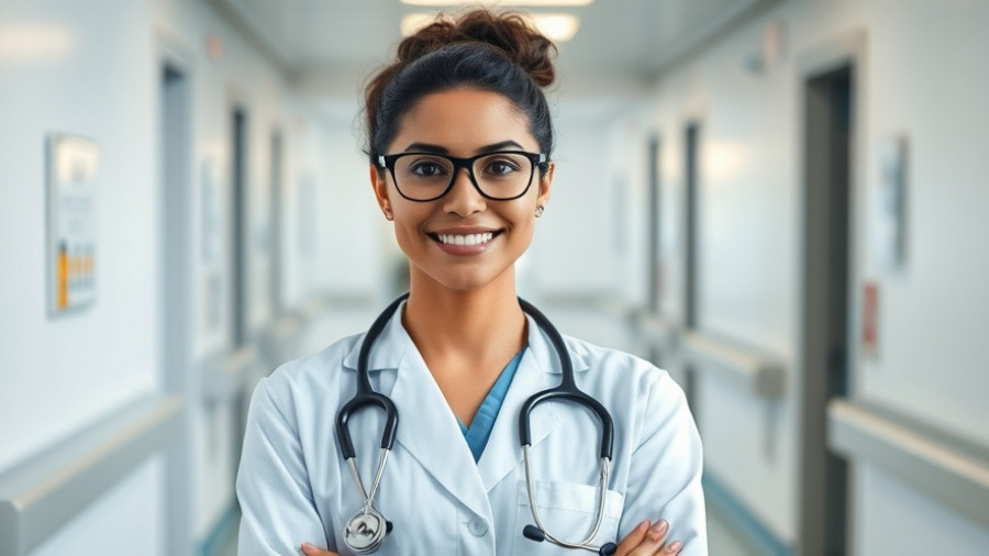 Female doctor in hospital corridor providing pediatric emergency care support.