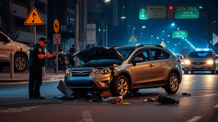 San Antonio traffic incident at night, police inspect damaged vehicle.