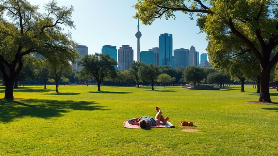 Austin park relaxation, person reclining with city skyline in view.