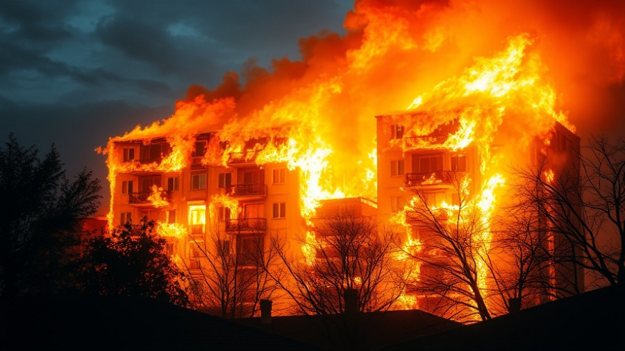 Raging fire in abandoned Houston apartment, night flames.