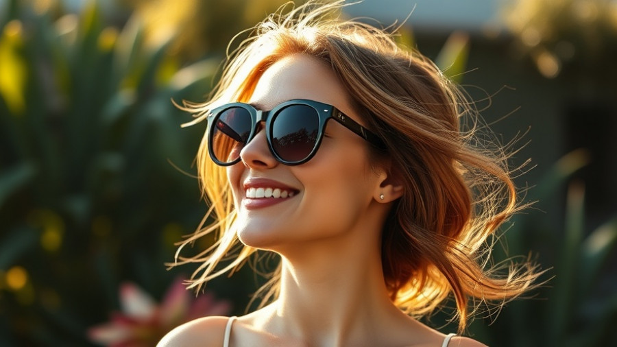 Stylish woman enjoying sunlight for stress and eczema relief, outdoors.