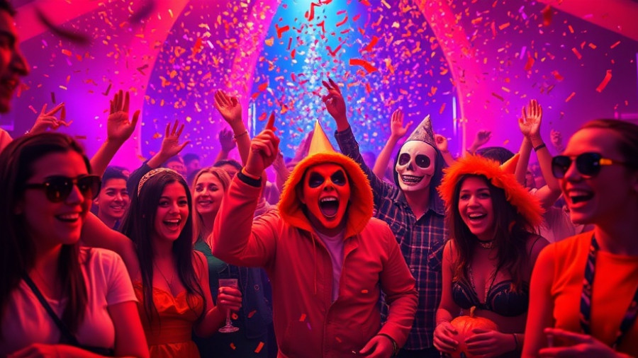 Festive Halloween celebration in San Antonio with costumes and masks.