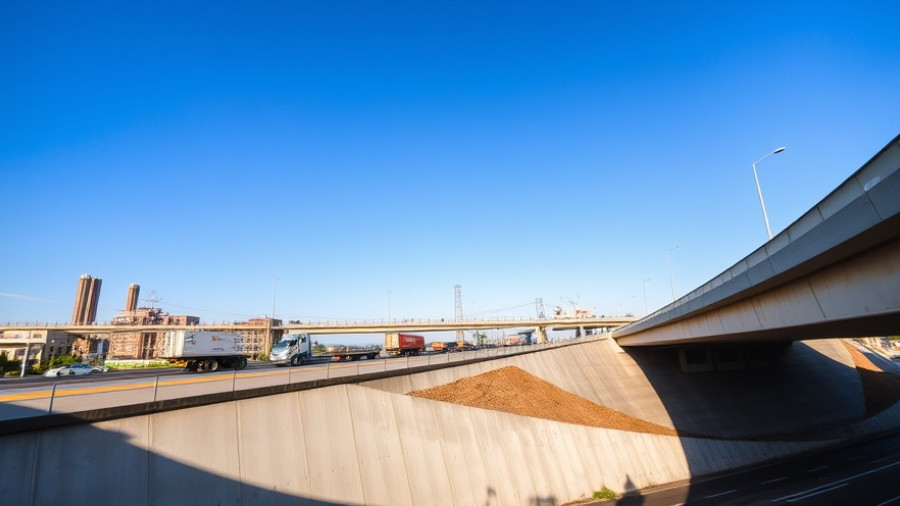 Concrete overpass with trucks driving on North Loop under clear sky.