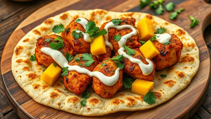 Tandoori chicken flatbread with herbs and lime on a wooden board.