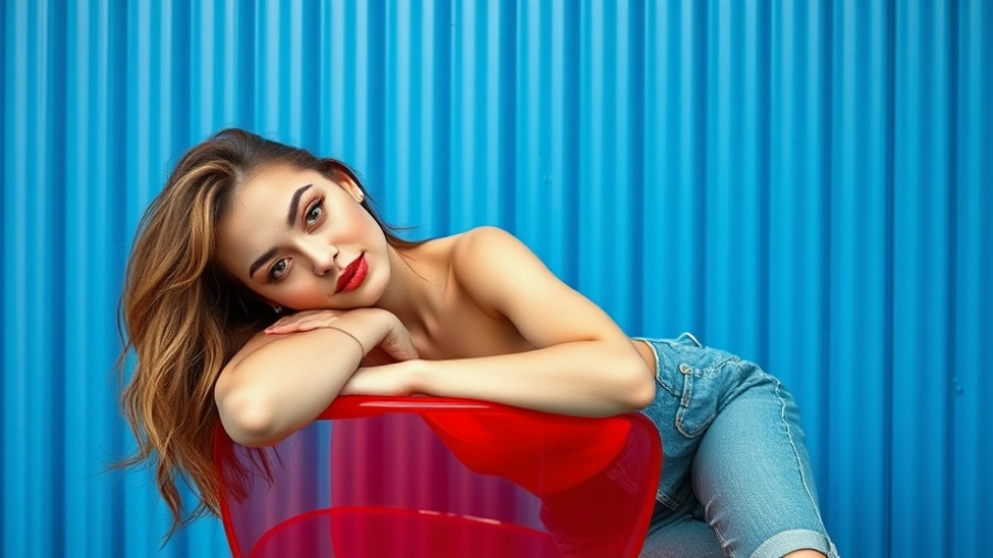 Stylish woman in colorful outfit against a blue wall, modern aesthetic.