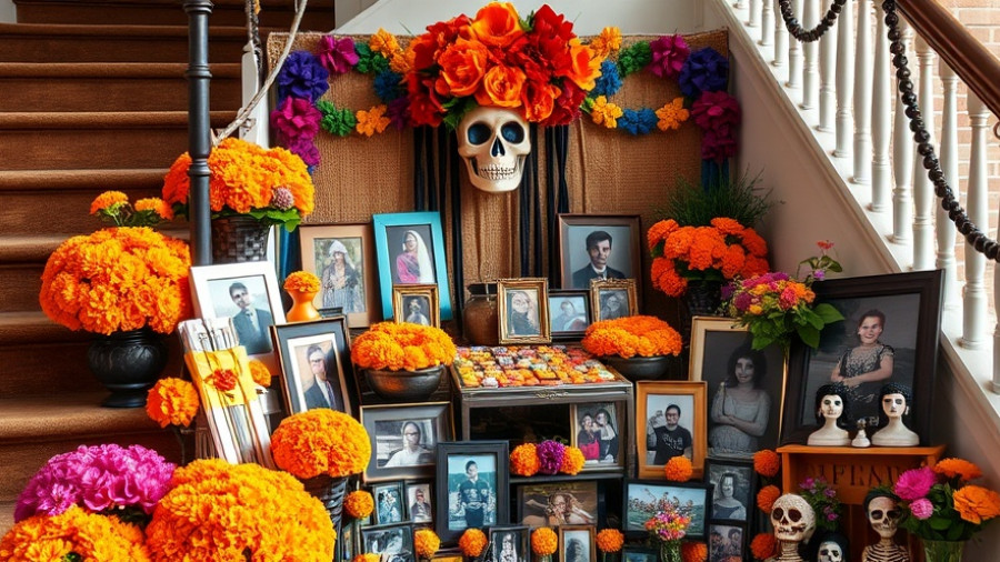 Día de los Muertos altar in Austin with colorful decor.