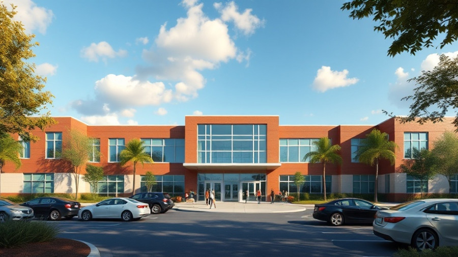 Lockhart ISD New Middle School entrance with parked cars and people.