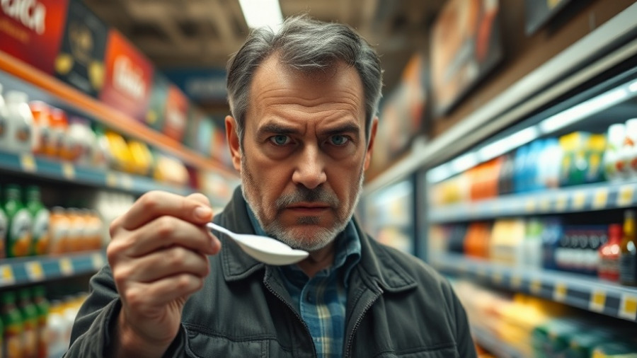 The ugly truth about yogurt: man holding spoon in a supermarket