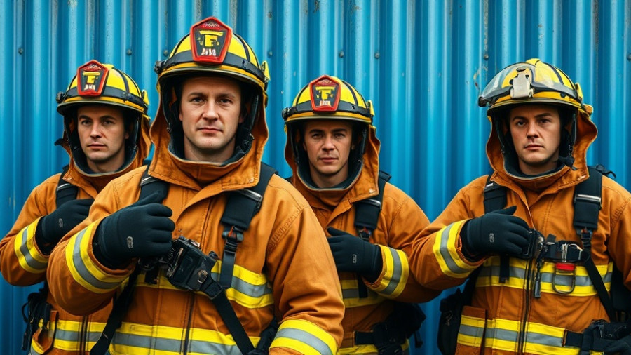 Firefighters in gear during a training exercise, climbing a ladder.