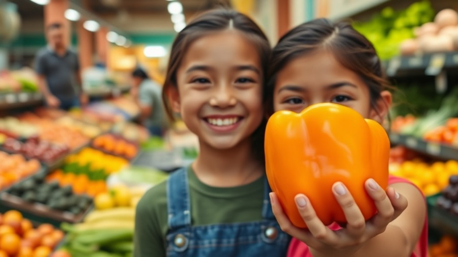 Cheerful young girl in a grocery store holding a bell pepper, related to SNAP benefits in Texas.
