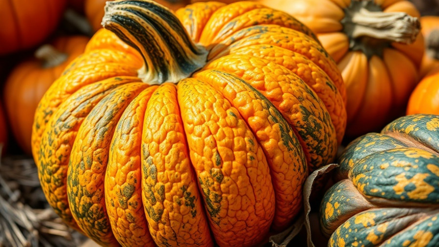 Colorful textured pumpkins in autumn setting.