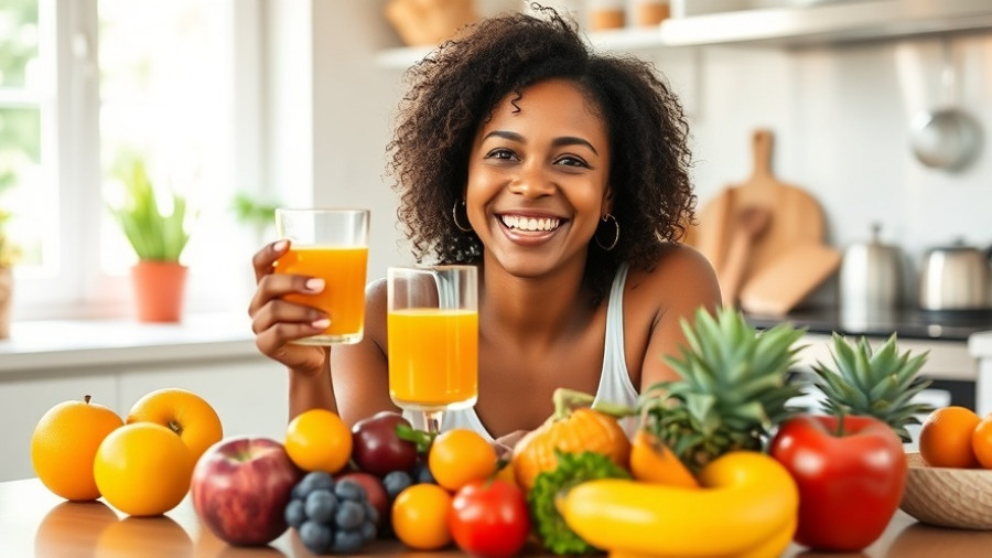 Eat to beat the blues: happy woman with fresh juice and fruits.