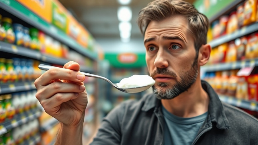 Concerned man in grocery holding yogurt spoon, questioning quality, highlighting the ugly truth about yogurt.