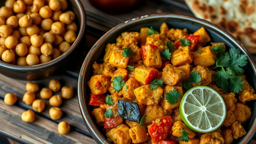 Curried veggies with lime and herbs, served with chickpeas and naan.