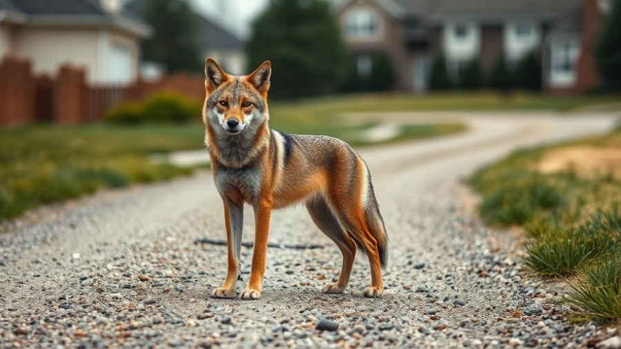 Alert coyote on path near homes with warning sign about coyote attacks.