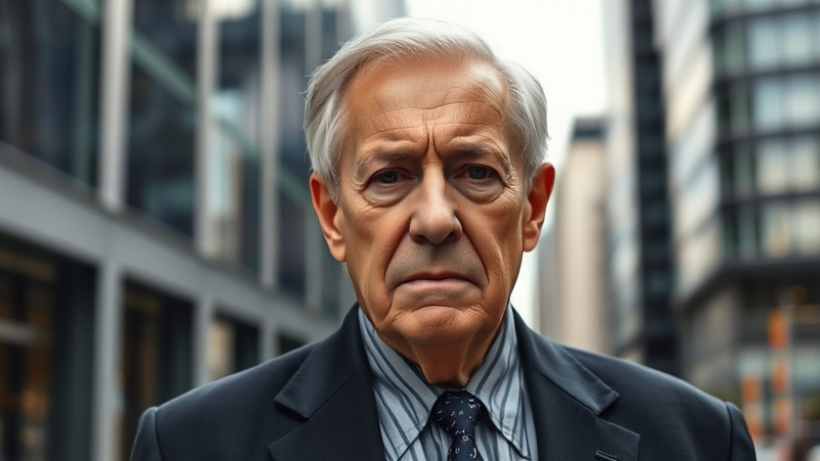 Elderly man in dark suit with serious look, urban background.