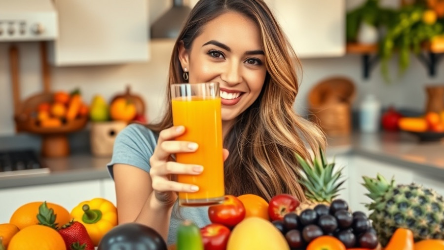 Woman enjoying juice and fruits for nutrition and mood disorders in kitchen.