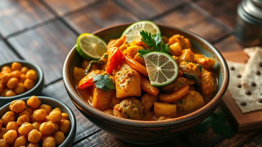Curried veggies recipe in a vibrant bowl with chickpeas on a rustic table.
