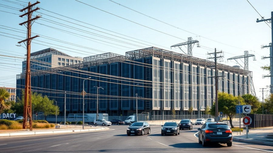 San Antonio data center, robust building with power lines in urban area.