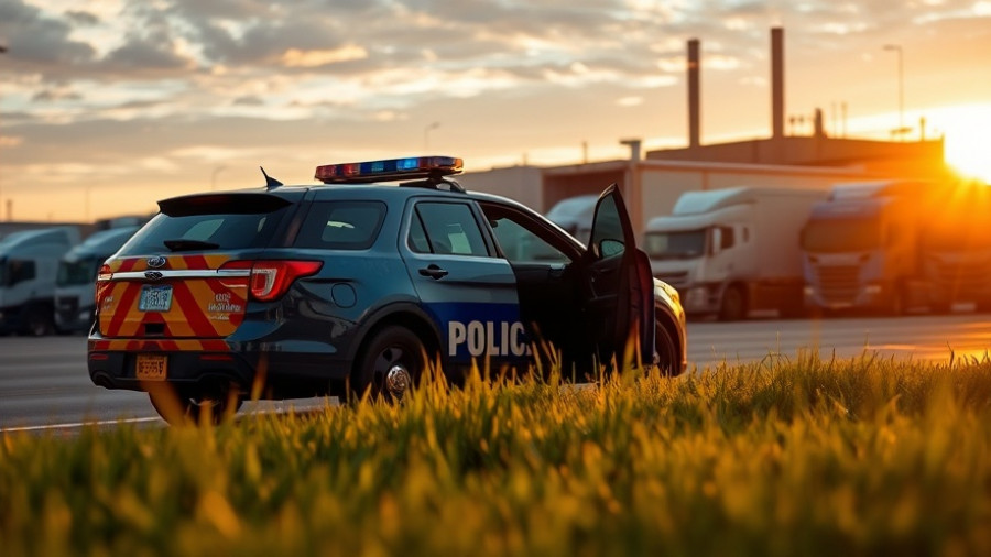 Police vehicle and industrial site scene in San Antonio.