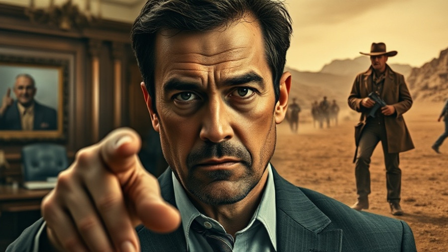 Dramatic collage illustrating a serious man in legal and film set environments.