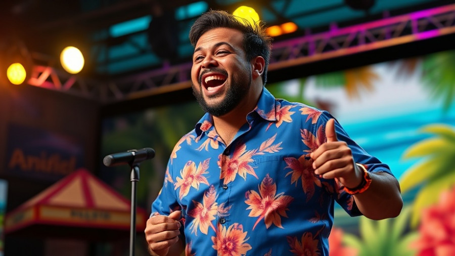 Comedian in a blue Hawaiian shirt performing at Gabriel Iglesias benefit show San Antonio.