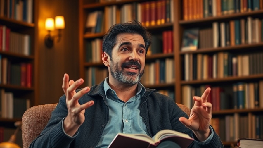 Enthusiastic man explaining insulin resistance in a library.