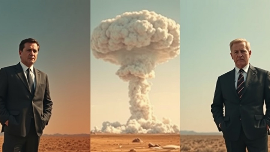 Composite image with two men and a nuclear test explosion in the U.S.