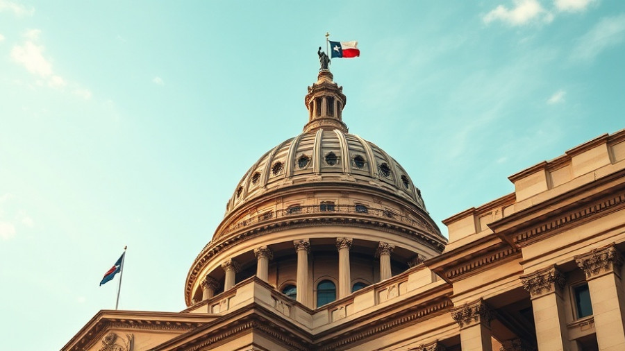 Texas Capitol dome with flags under clear sky.