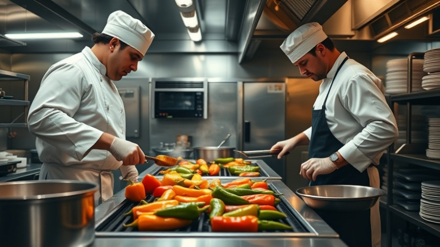 Texas restaurant kitchen with chefs grilling peppers, highlighting economic challenges.