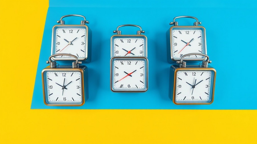 Identical clocks showing same time, vibrant background, waking up at the same time concept.