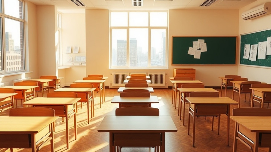 Empty classroom in private middle school in DFW, sunlit and inviting.