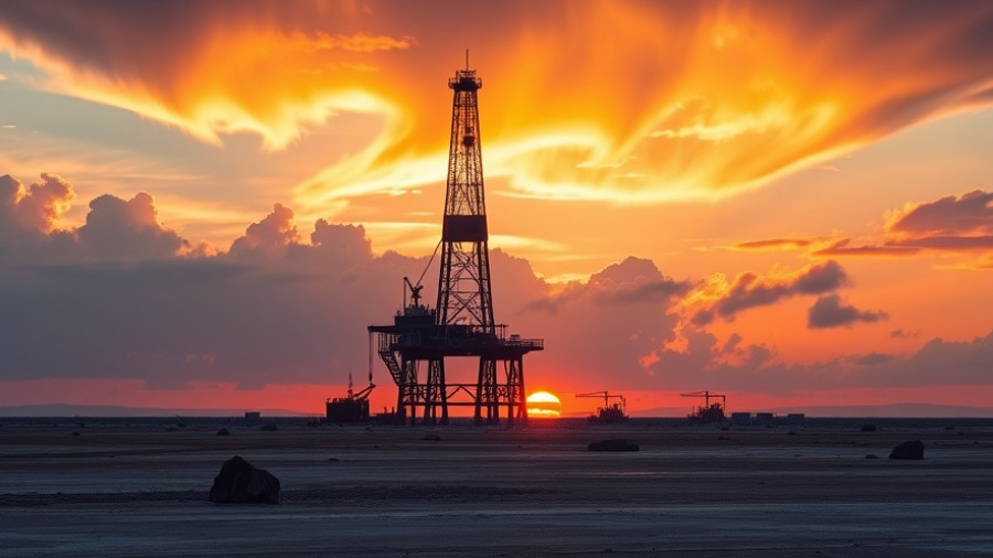 Oil rig silhouette at sunset with dramatic clouds, Exxon and Chevron drilling despite low oil prices.