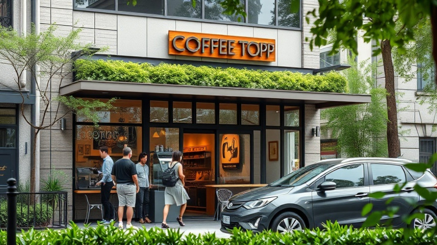 Modern coffee shop in Houston, featuring customers and a parked car, reflecting local business news.