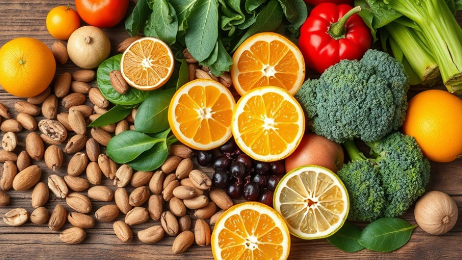Assorted healthy foods on rustic table, vibrant and fresh. How to Naturally Reduce Wrinkles with Food.