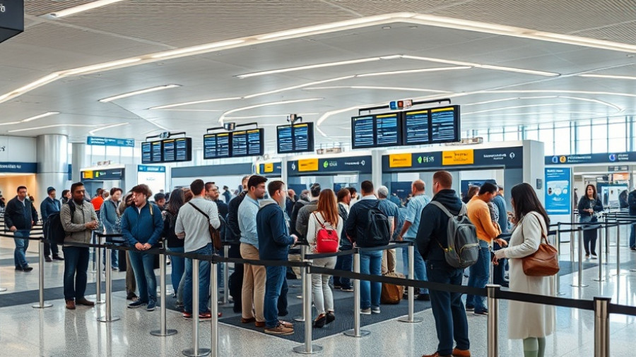 Travelers at Bush Airport security checkpoint; people lined up in modern terminal.