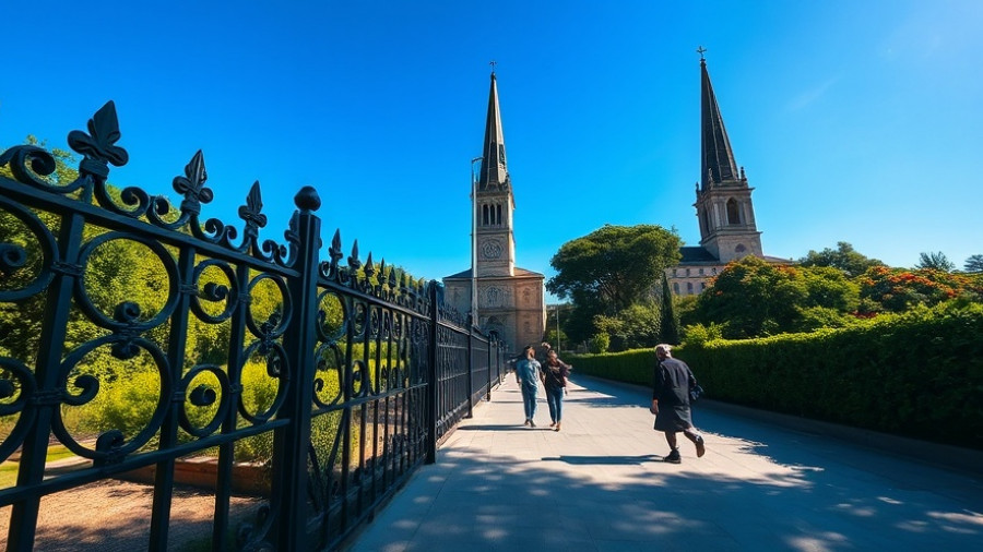Tranquil urban scene near church promoting health and wellness.