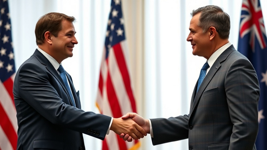 Diplomatic handshake underscoring U.S.-Australia relations with flags.