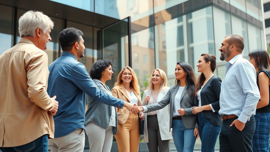 High-Fiving Heroes uniting outside a modern building in bright daylight.