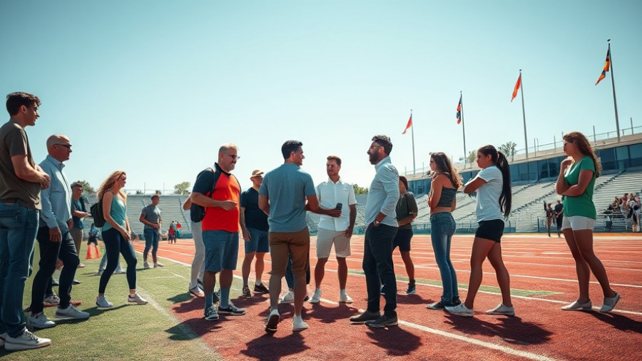People interacting on a sports field, lively daylight scene.