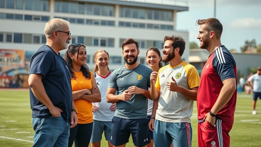 Group discussing NFL news opportunity on a sports field.