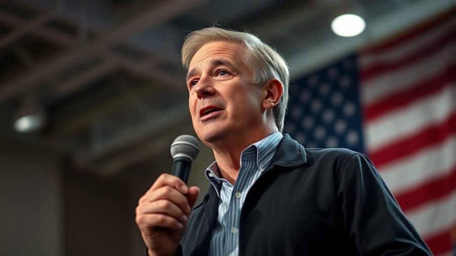 Speaker in front of American flag discussing key issues.