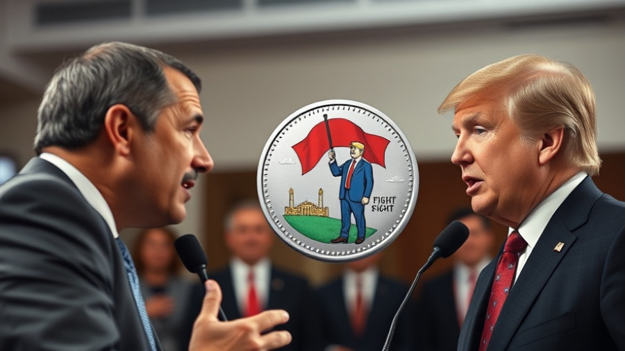 Politicians discuss Trump dollar coin controversy with coin illustration.