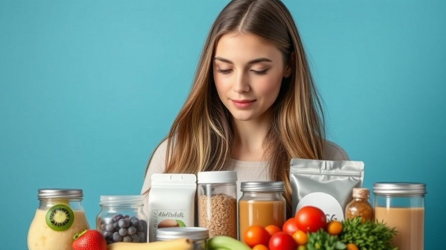 Young woman contemplating healthy lifestyle choices, backed by health products, blue background.